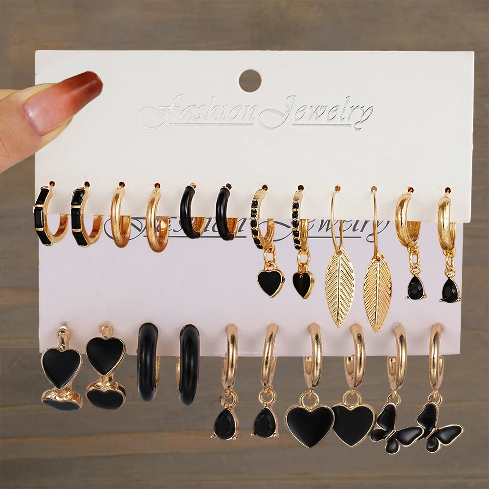 Pendientes de hoja negra para mujer, pendientes de temperamento Simple, vacaciones, ropa de boda, 11 pares