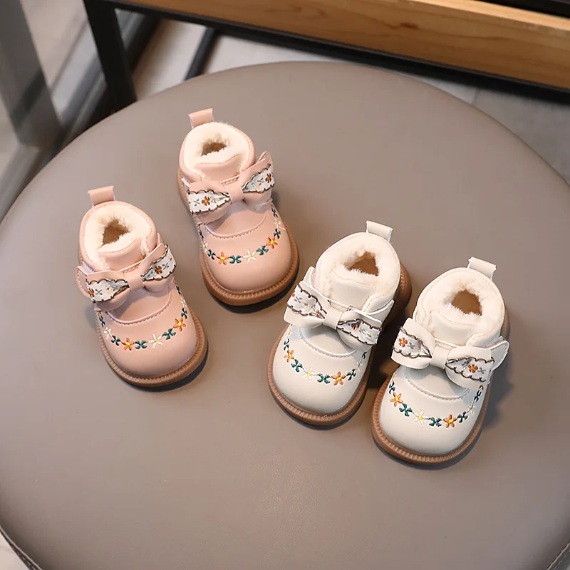 Baby Girl Boots Winter Infant Warm Fur Shoes Toddler Ankle Boots Cute Bow-knot Flowers Newborn Outdoor First Walkers