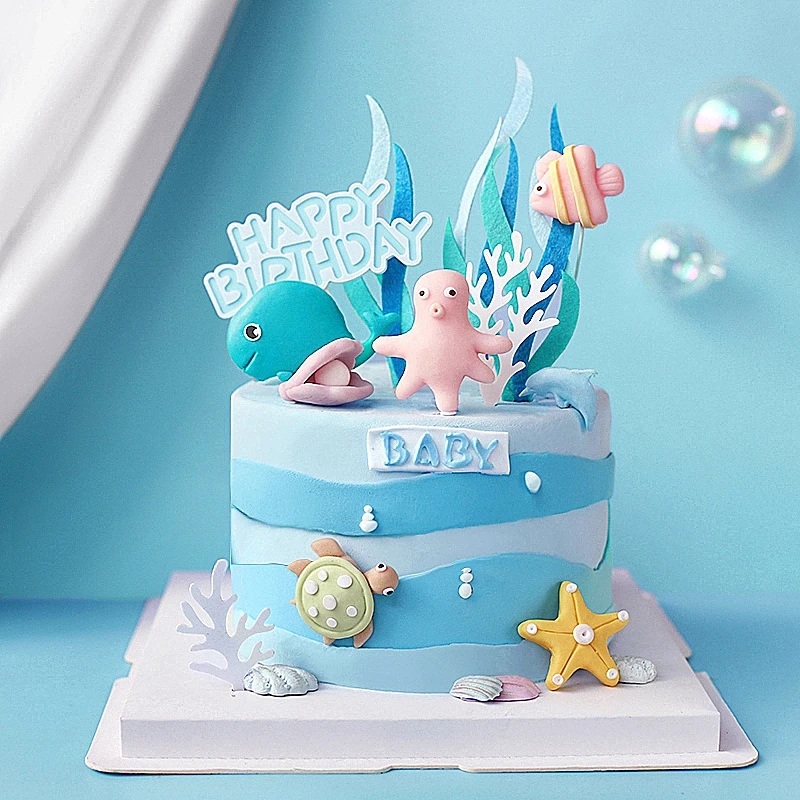 Unterwasserwelt Cake Topper Set – 14-teilig, 3D Meerestiere Aus Keramik & Papier, Für Geburtstag & Baby Shower