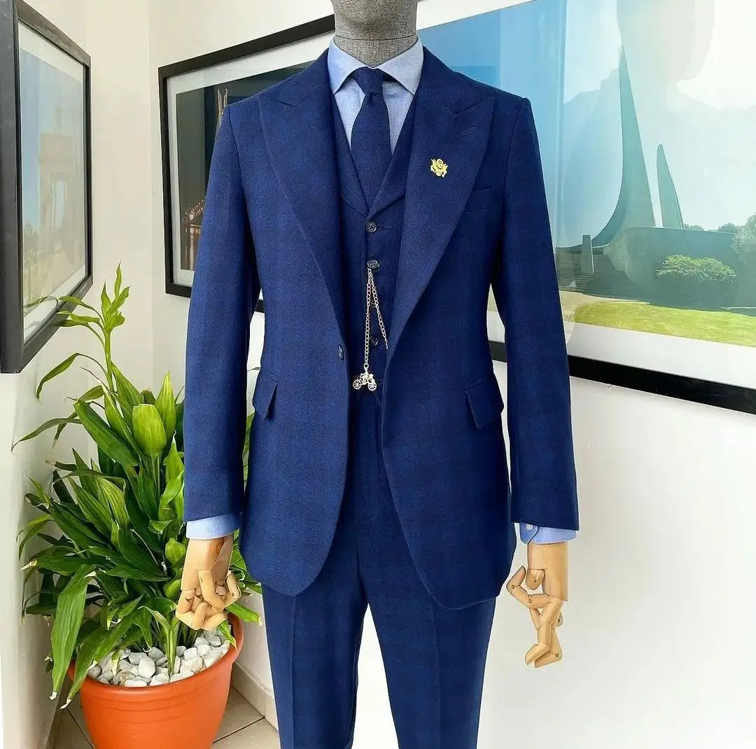 Navy Men Suits Tailor-Made 3 Pieces Blazer Vest Pants One Button Peaked Lapel Slim Stylish Business Wedding Plus Size Tailored