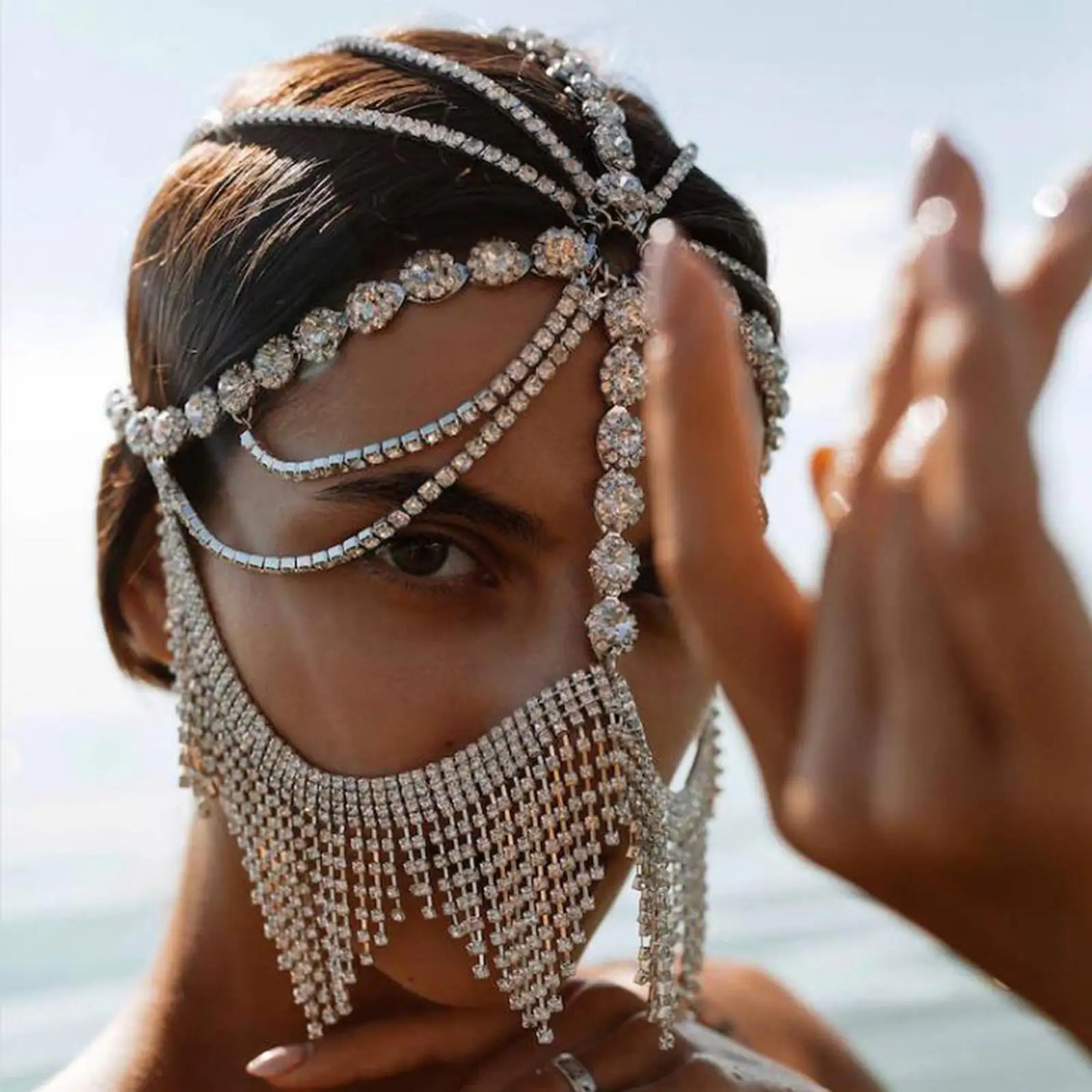 Womens Chain Tassel Jewelry Rhinestone Mask Headwear Chain Cosplay Masquerade Dance Party Supplies