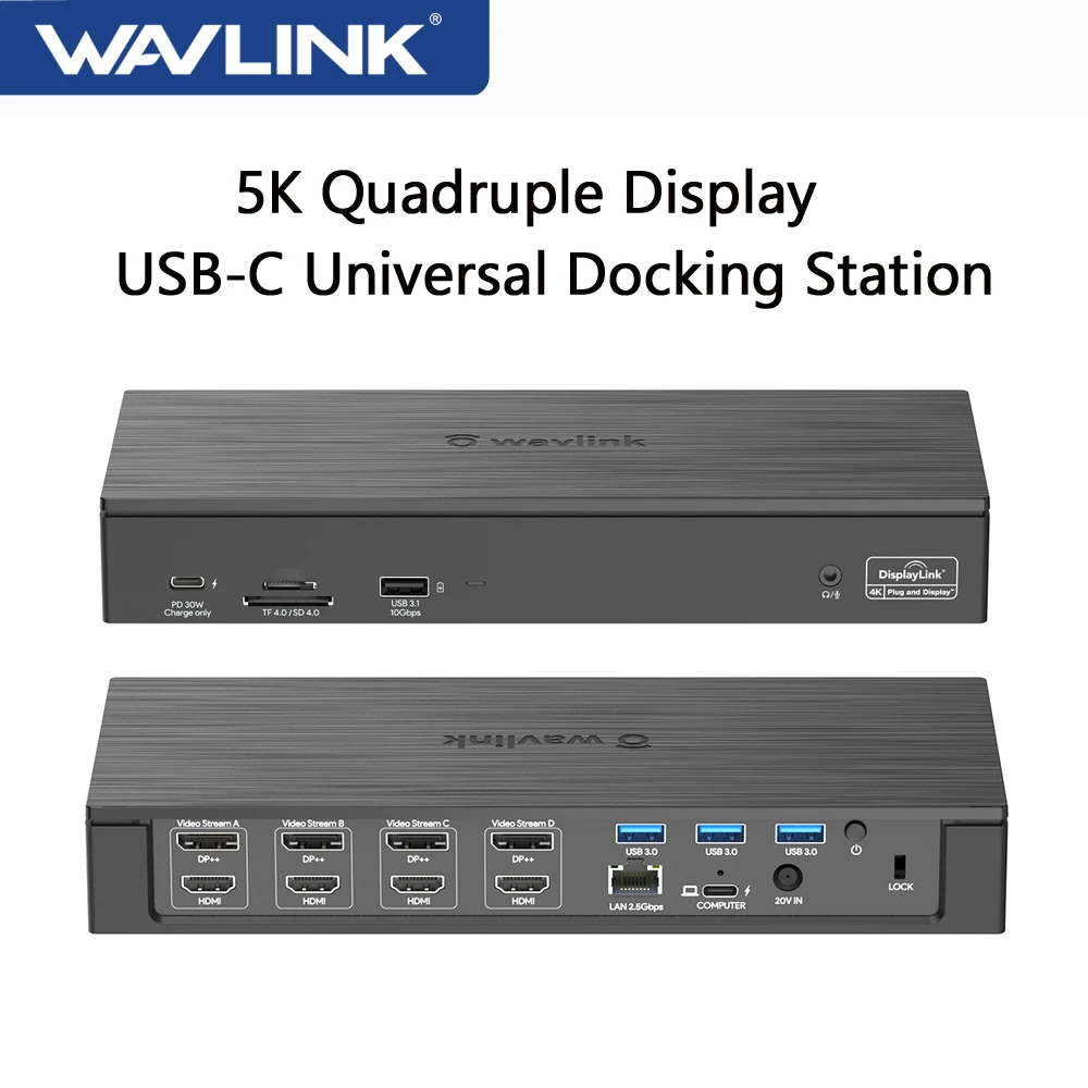 Wavlink 5K Quadruple Display USB C Universal Docking Station 18-in-1 USB-C  Laptop Dock 4 DP&HDMI 100W PD For MacBook and Windows