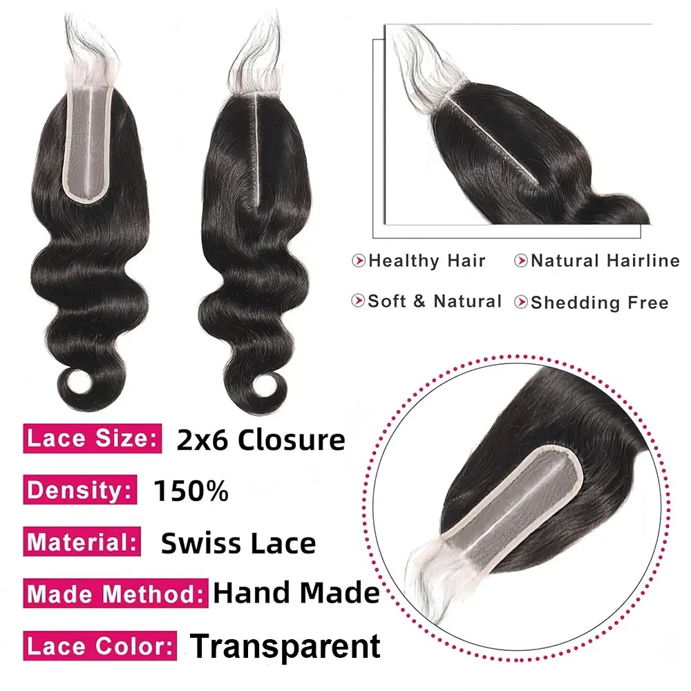 Body Wave 2x6 Lace Closure Only Body Wave Human Hair Transparent Lace Frontal Closure 13x4/4x4 Human Hair