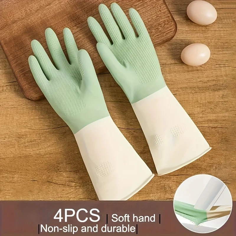 4pcs Waterproof Housework Cleaning Gloves Kitchen Cleaning Latex Laundry Dishwashing Gloves Wear Resistant Rubber
