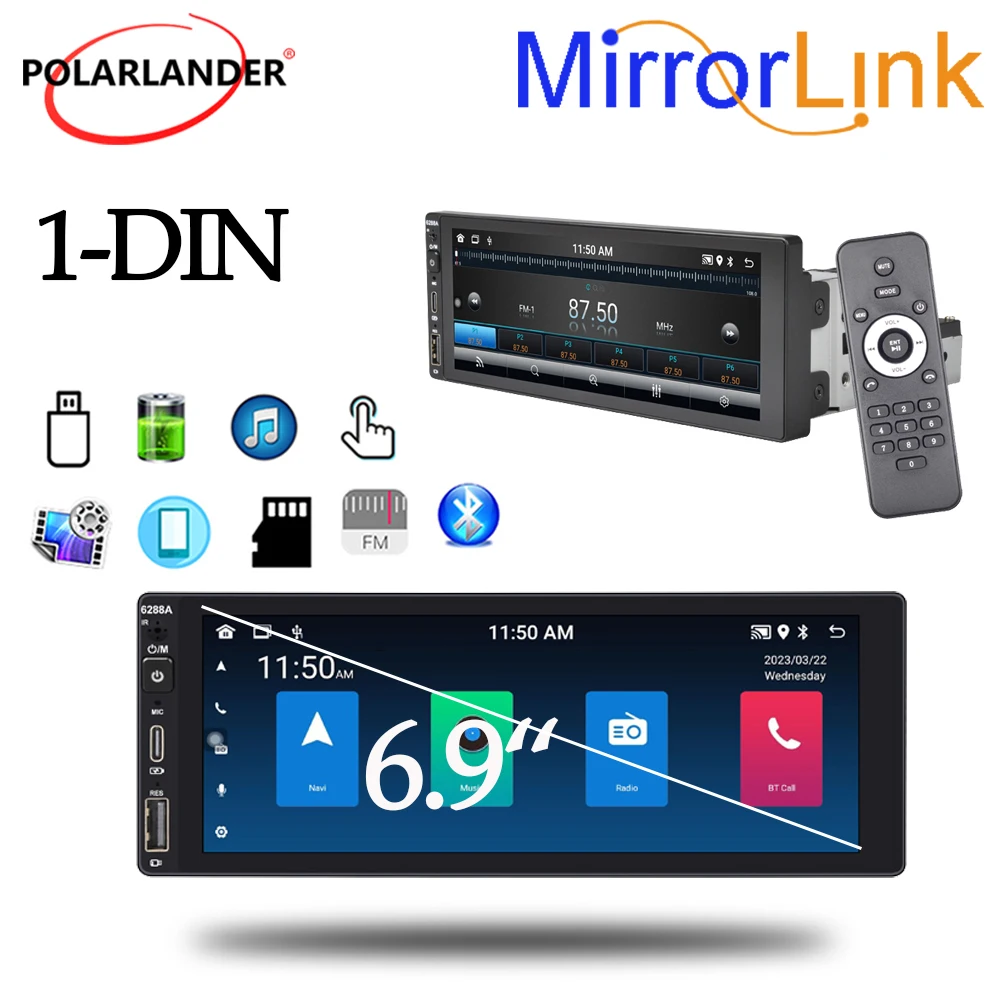 

Автомобильный мультимедийный плеер, беспроводной плеер Carplay, Android Авто WIFI 2 + 32G GPS Bluetooth Mirror Link IPS экран 6,9 дюйма 1 DIN AI voice