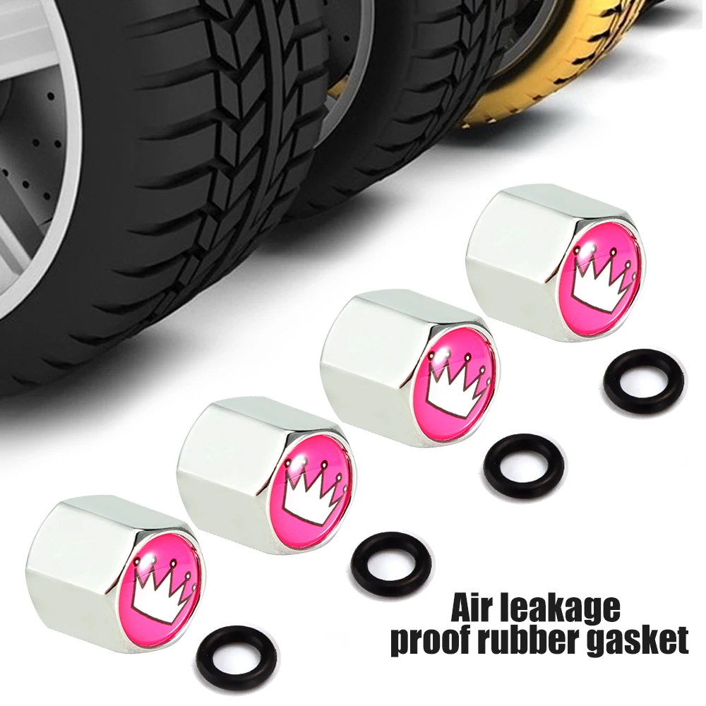 Set Da 5 Tappi Valvola Antifurto A Corona Rosa Con Portachiavi - In Lega Di Zinco, Impermeabili, Universali Per Auto - 2