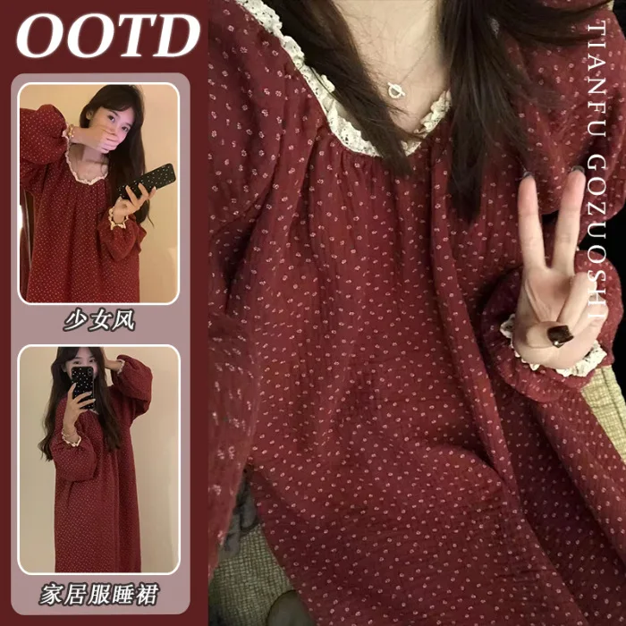 3447-round neck lace red floral nightdress