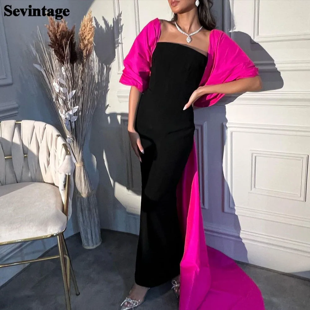 

Sevintage 2 Pieces Black Fuchsia Mermaid Evening Dresses With Wrap Ankle-Length Women Prom Gowns Sweep Train Special Party Dress
