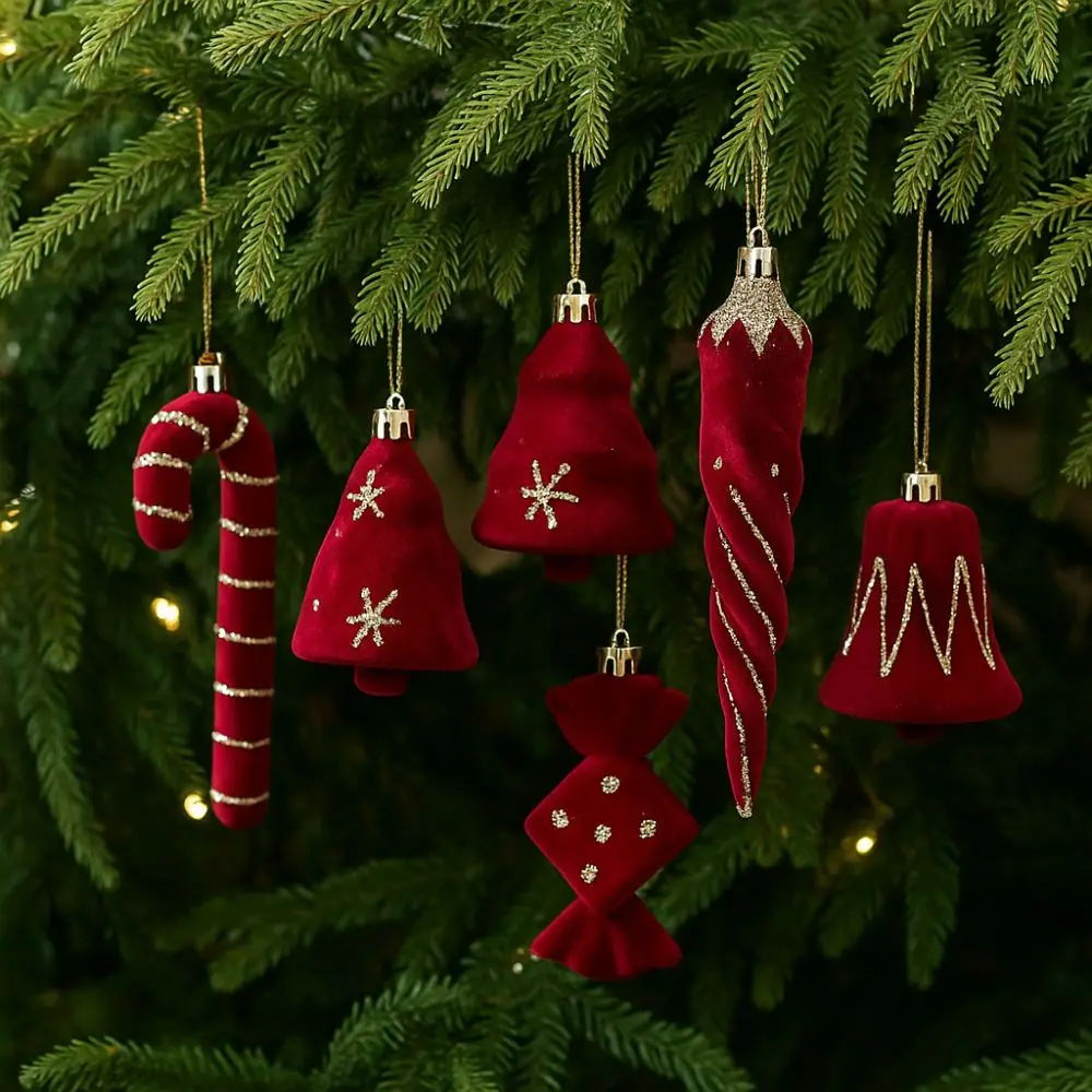 2pcs Red Christmas Tree Pendants Lollipop Flocked Candy Cane Pendants Bow Bell Xmas Tree Pendant Home Decoration