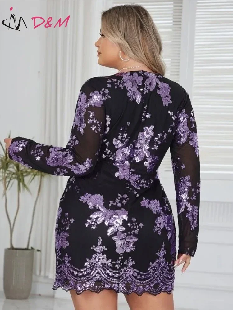 D\u0026M Plus Size sequin Embroidery Long Sleeve V neck Dress Women Autumn Sexy  Club Party Elegant Bodycon Mini Dresses - AliExpress