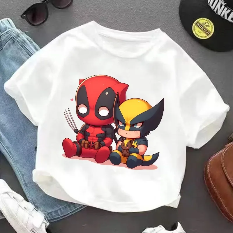 Deadpool & Wolverine White T-shirt Round Neck Loose Summer Clothing Comfortable Breathable Character Children Birthday Hot Gift 2