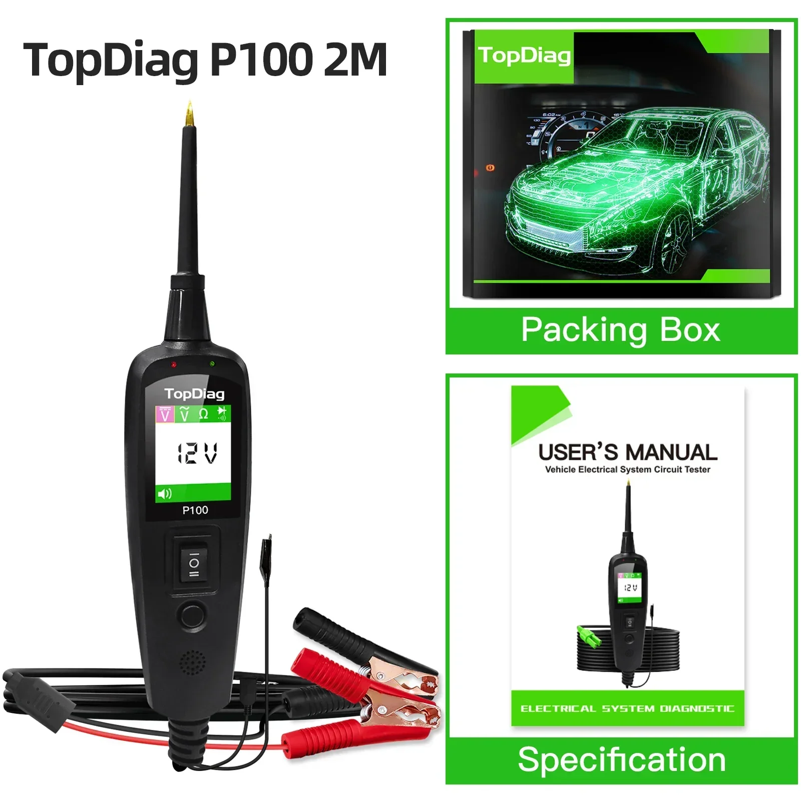 Jdiag P100 probador de circuito de coche automotriz Kit de sonda de circuito de alimentación 12-24V voltaje de coche/probador resistente herramienta de diagnóstico automático