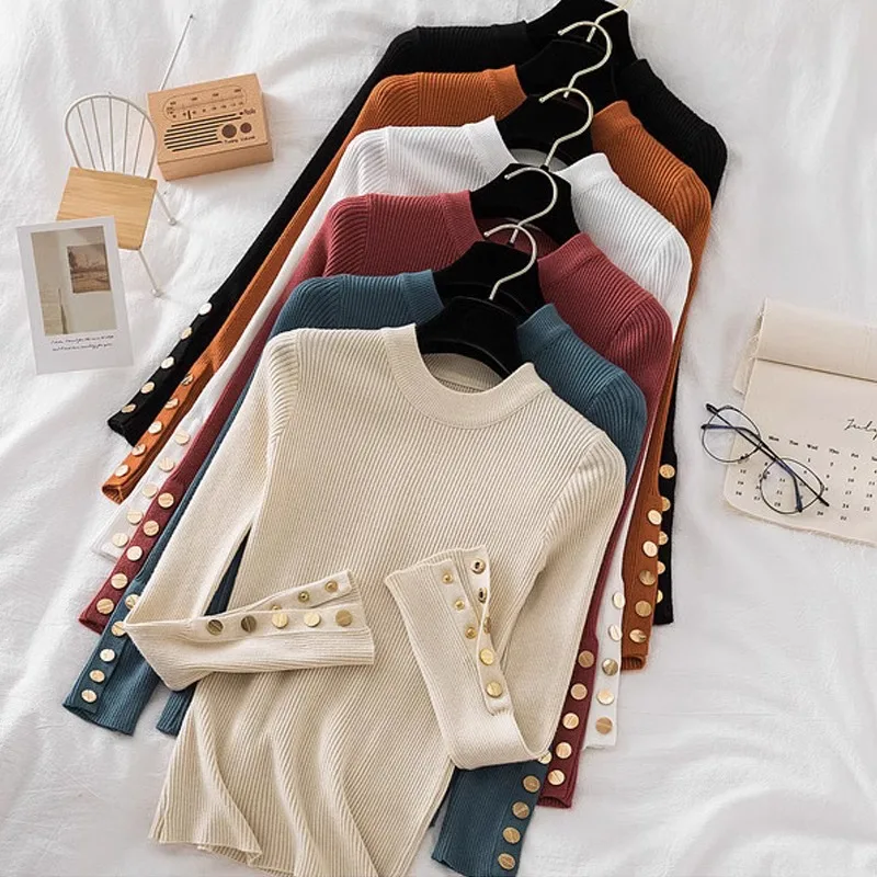 

Модный вязаный свитер с воротником «хомут», пуловер 2023, женские Топы с длинным рукавом на осень и зиму, новый джемпер на пуговицах, женский свитер 28280