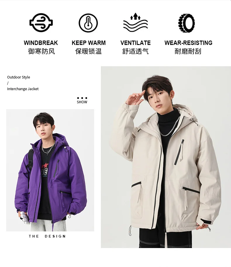 Lässige Herren-Jacken mit Kapuze, Baumwolle, gefüttert, 20225, Winter, Outdoor, locker, einfarbig, dicke Parkas, Streetwear, winddicht, Top-Down-Mäntel – Detail 2