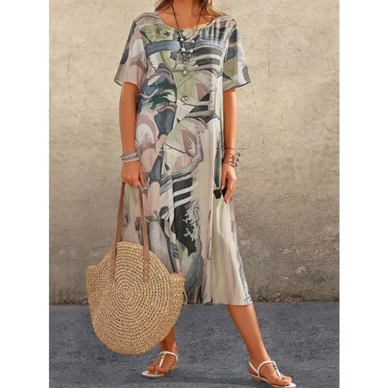 

2023 New Women's Fashion Casual Print Dress Summer Short Sleeve Loose Round Neck Wide Long Dress Art Retro Casual Women's Dress