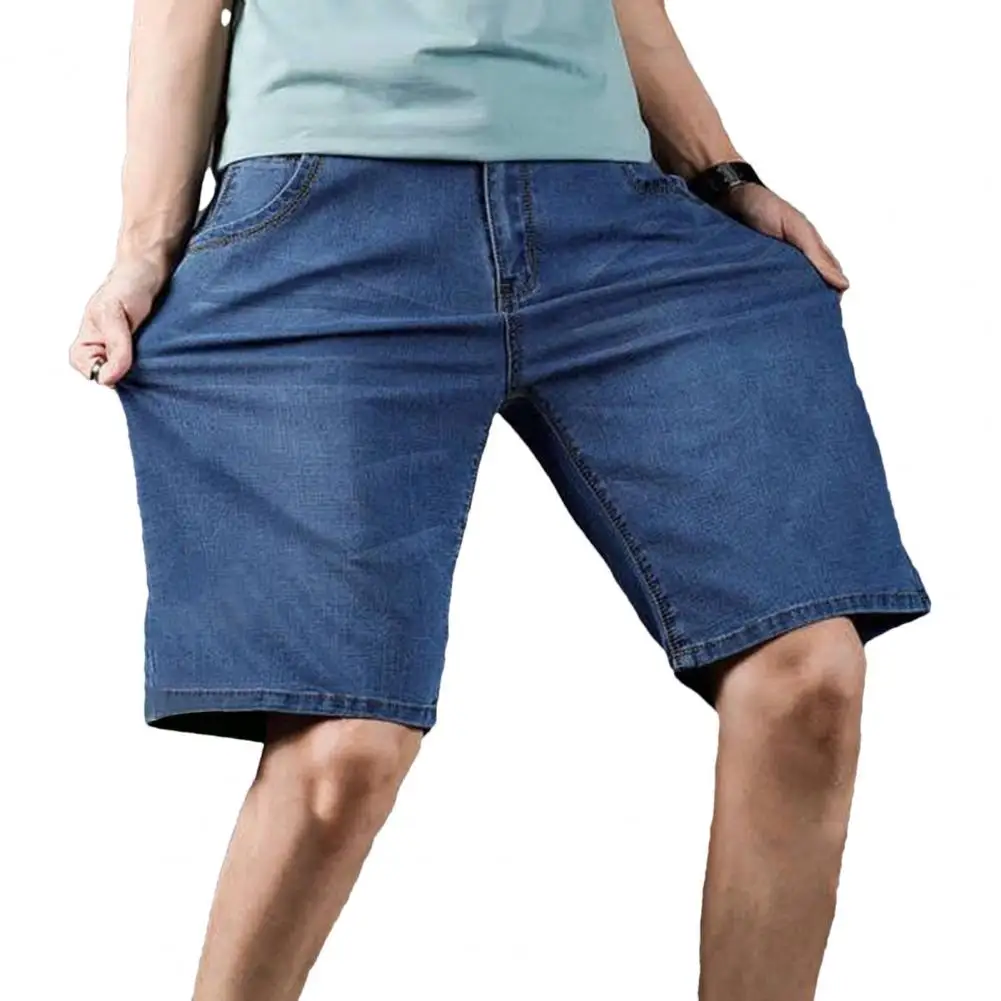 Men's Denim Shorts Summer Solid Color Casual Loose Multi-pocket Straight Five-minute Pants Elastic Knee Jean Shorts