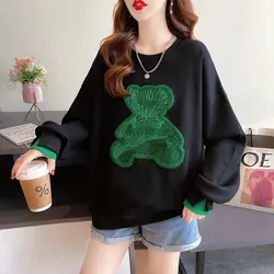 Women's Cotton Hoodies O-neck Loose Thin Sweatshirt Korean Girls Cute Bear Embroidery Oversized White Black Bottom Pullovers