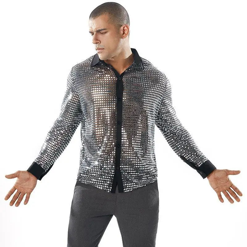 Mens Long Sleeved Shirt 70s Disco Party Performance Suit Sexy Semi Transparent Scale Pattern