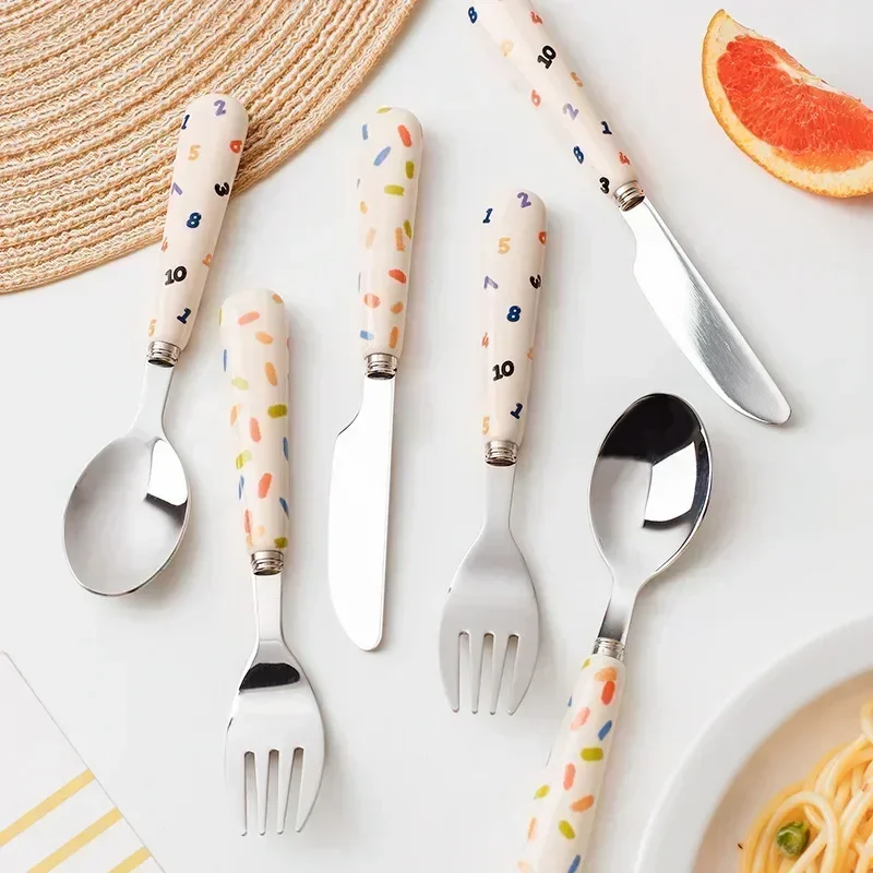 3pcs/lot Baby Spoon Fork Set Stainless Utensil Children's Tableware Training Spoon Feeding Tableware Soft Kitchen Accessories