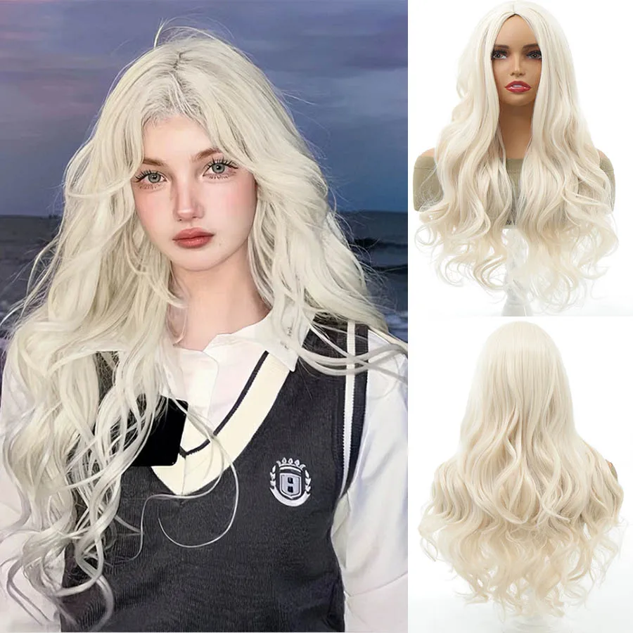 

Synthetic chemical fibre hair wig white centre parted big wave daily wear cosplay lolita for everyone.