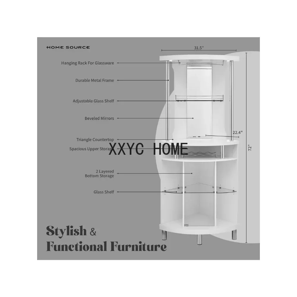 White Corner Bar Cart 72" Built-in Wine Rack, and Lower Glass Cabinet, Living Room, Home Office, Kitchen, Small Space