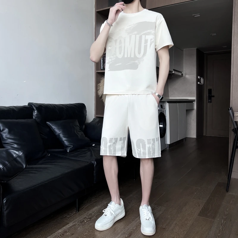 남성용 레터 프린팅 풀오버 반팔 라운드넥 티셔츠, 하이웨이스트 포켓 반바지, 영국 스타일 세트, 여름 의류