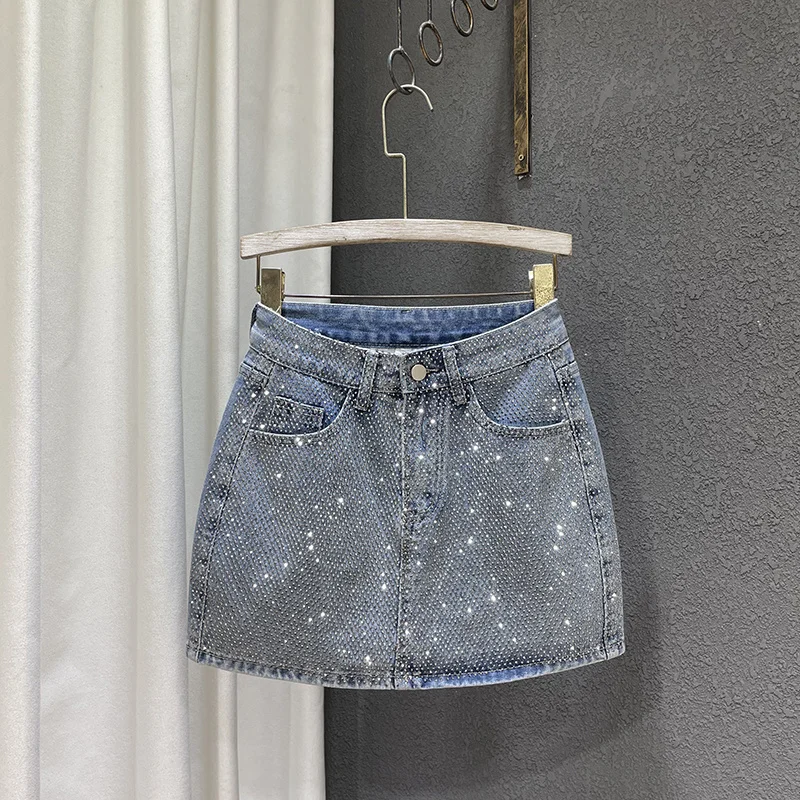 Personality Diamond Splice A-line Denim Skirt for Women's Streetwear High Waist Solid Color Slim Wrap Hip Skirts Female Summer