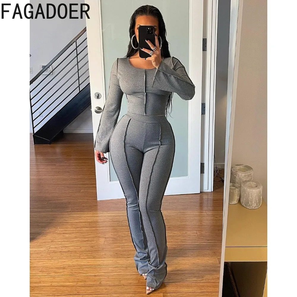 FAGADOER Autumn Winter Solid Ribber Two Piece Sets Women Round Neck Long Sleeve Top + Skinny Pants Outfits Casual Home 2pcs Suit