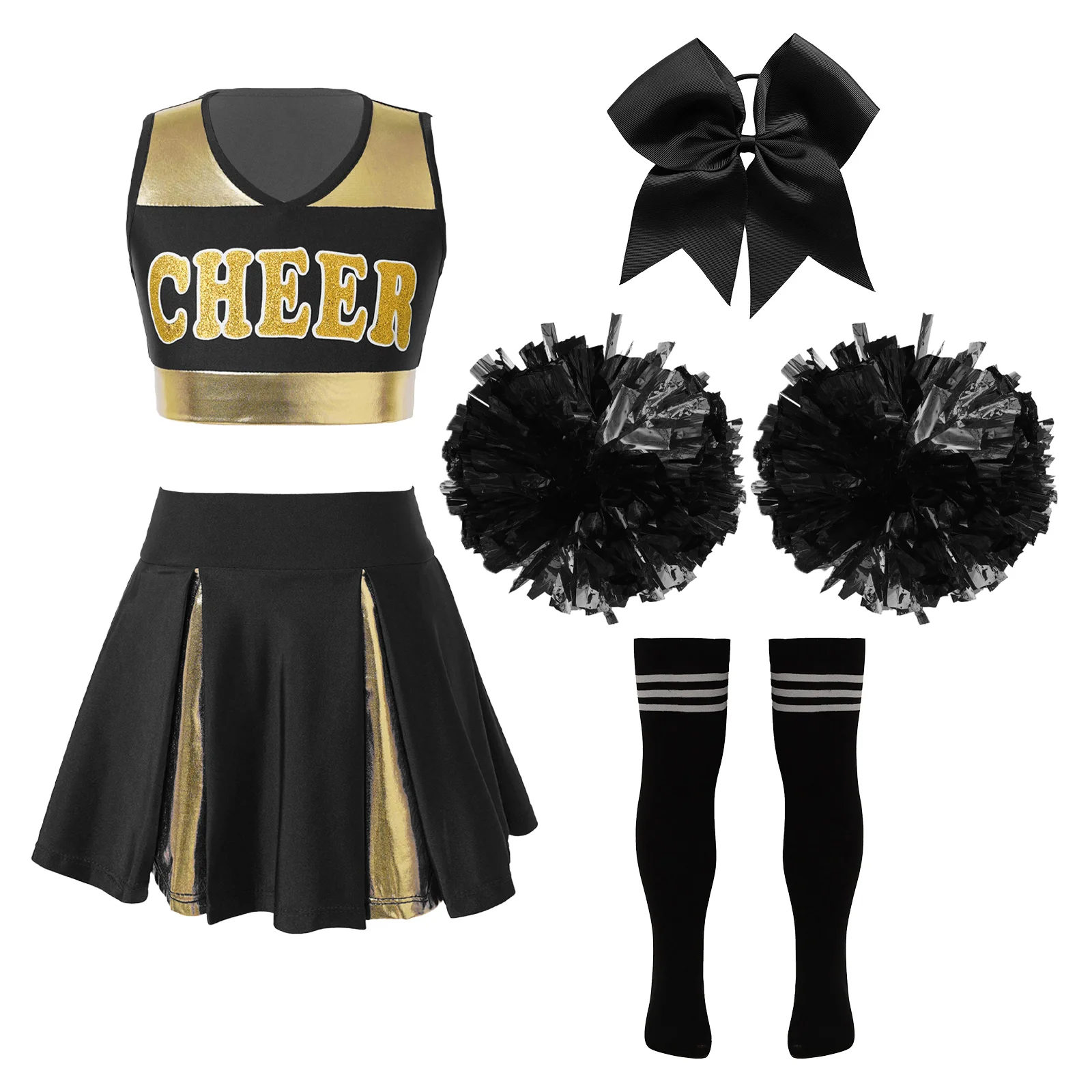 Uniformes de Cheerleader sem mangas para crianças, Crop Top, Saia e Meias, Conjuntos de roupas para meninas da escola