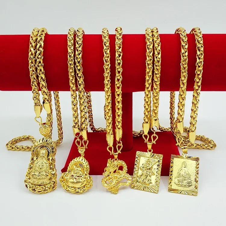 High-quality 9999 clavicle chain 24K real gold necklace hollow Guam golden dragon pendant men wish you good luck Buddha chain