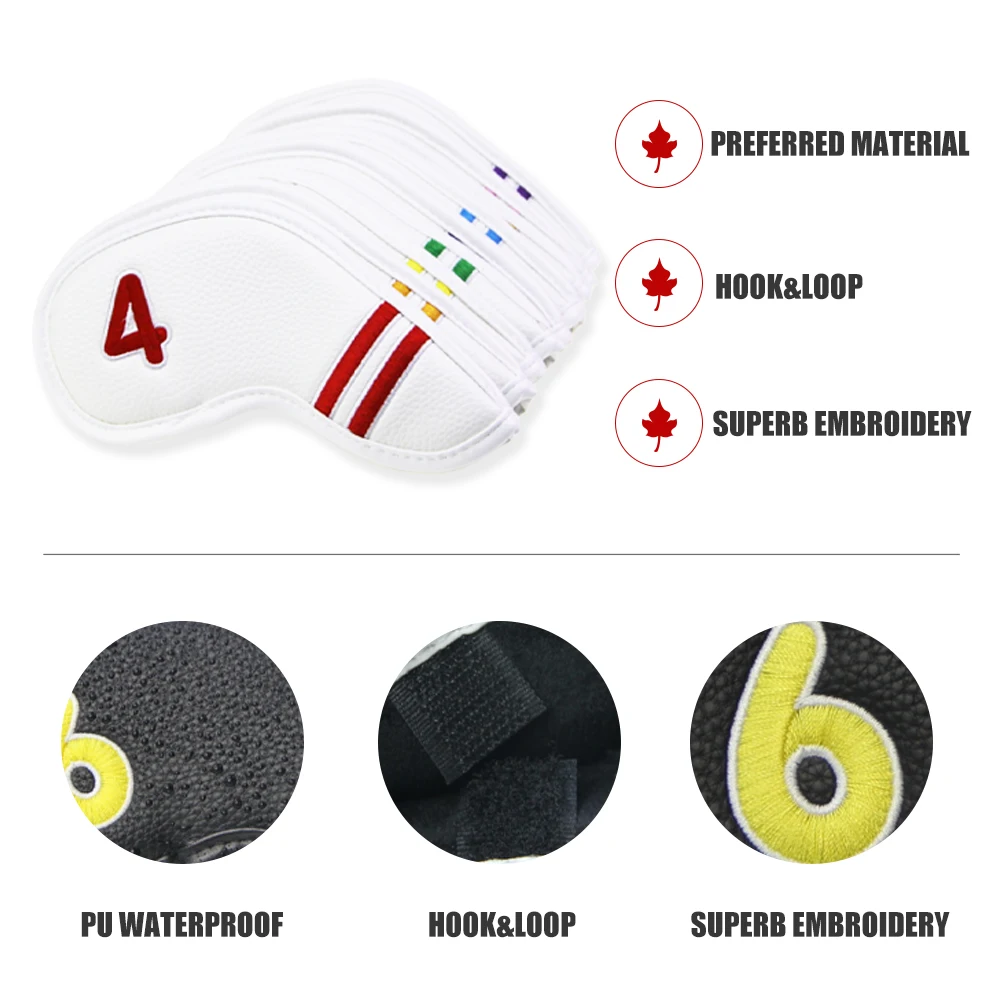 9Pcs Golf Head Covers for Iron Covers PU Leather (4 5 6 7 8 9 Pw Aw Sw ) Colorful Number Embroideried Waterproof Fit All Brands 4