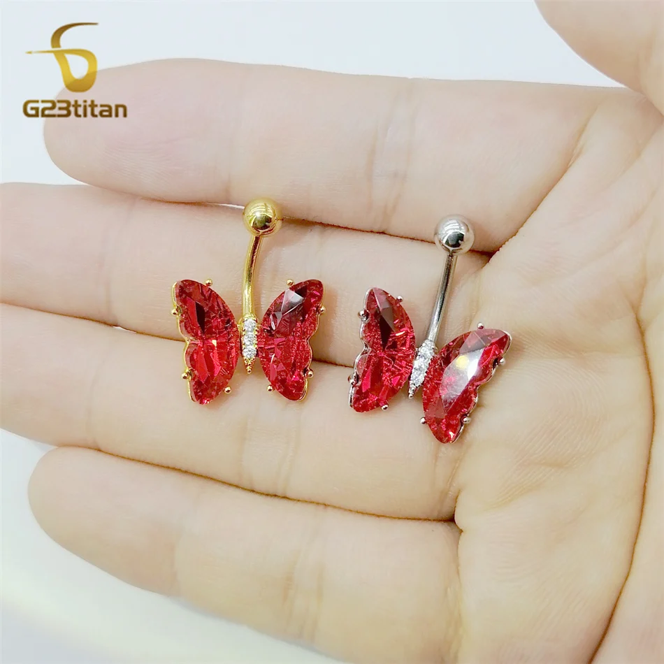 G23titan Women Summer Jewelry Red Crystal Butterfly Navel Ring