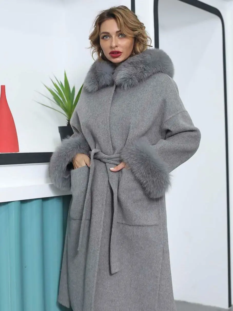 

JANEFUR Wool Coat with Fur Collar Women Long 2022 Fashion Casual Loose Real Fox Fur Woolen Overcoat Ladies Winter Outerwears