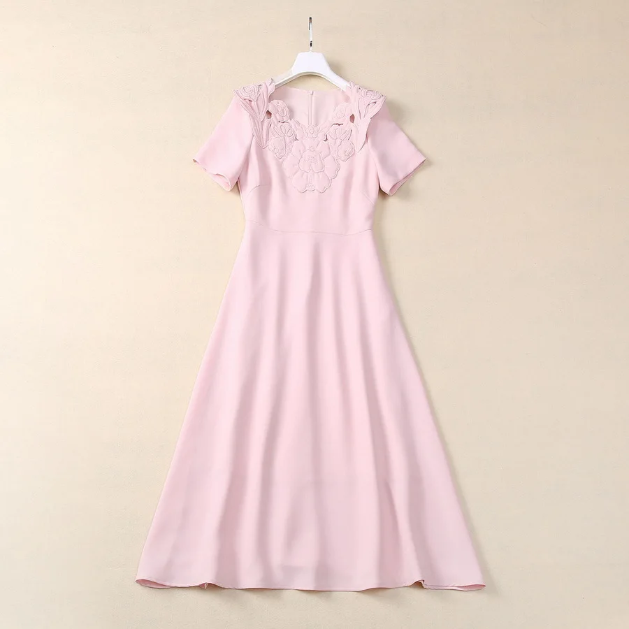 

Женская одежда в европейском и американском стиле, Новинка лета 2024, модное розовое платье с коротким рукавом и цветочной вышивкой