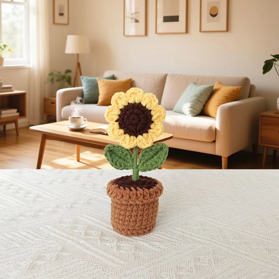 Warm and Cozy Small Ornaments, Hand-Crocheted Sunflower Potted Plants, Window Sill, Desktop, Bedroom, Living Room, Study Room Decoration, Birthday and Valentine's Day Gifts