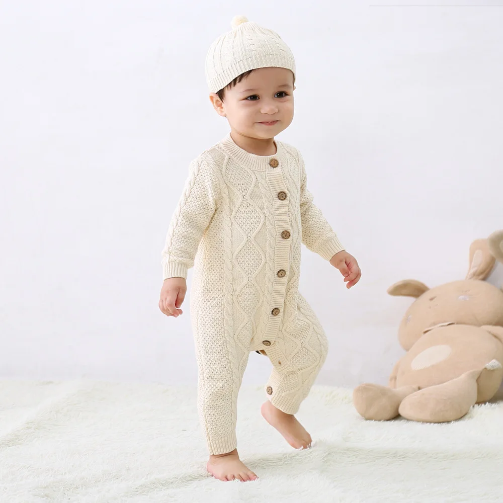 

Baby Newborn Cotton Knitted Sweater Romper Longsleeve Outfit with Warm Hat Set