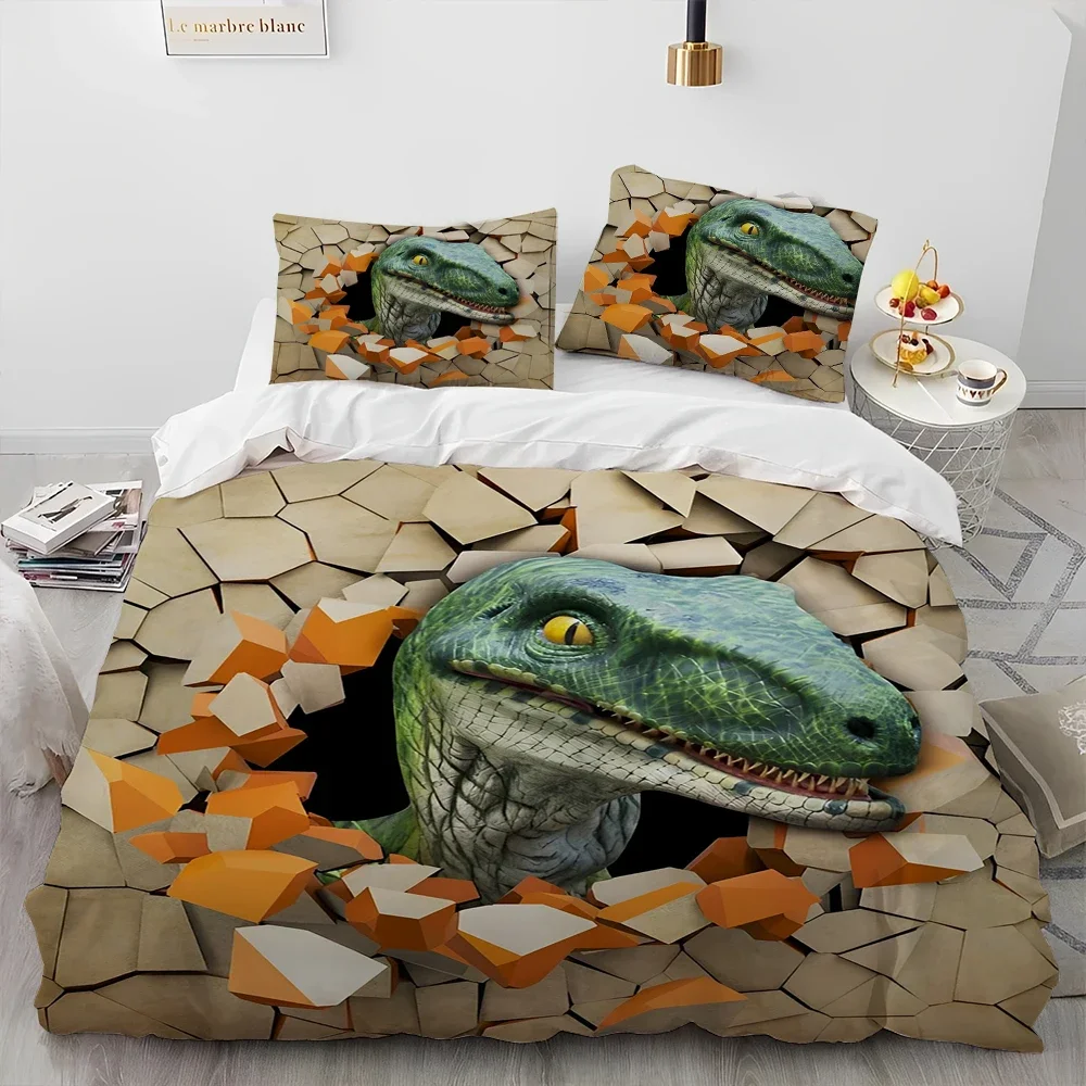 3D Cartoon Dinosaur Illusion Comforter Bedding Set,Duvet Cover Bed Set Quilt Cover Pillowcase,Queen Bedding Set for Child Gift