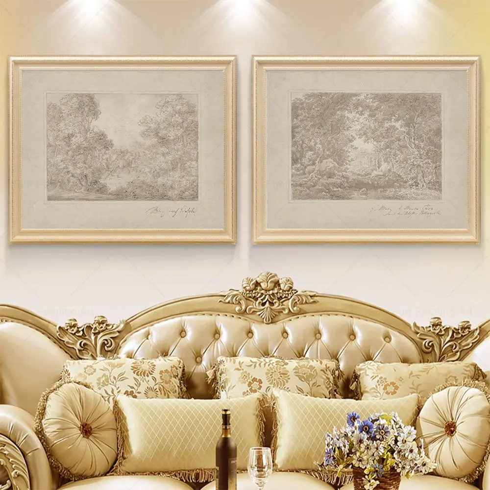 Vintage Neutral Landscape Sketch Poster Antique Forest Drawing Painting Beige Gallery Wall Art Canvas Print Living Room Decor