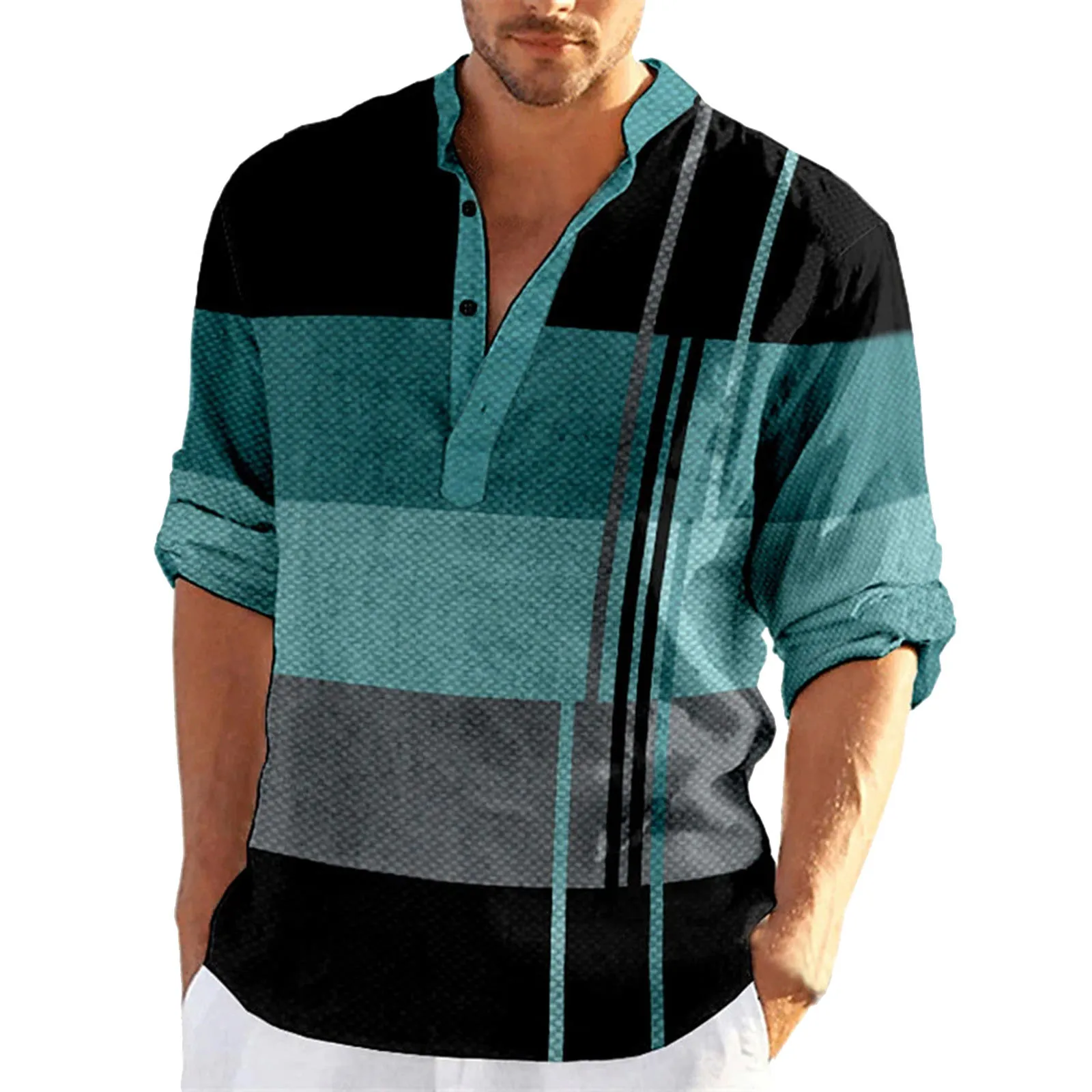 

Men'S Shirt Henley-Shirt Patchwork Wide Stripe Print Long Sleeve Tunic Four Seasons Casual Daily Wear Male Business Clothing