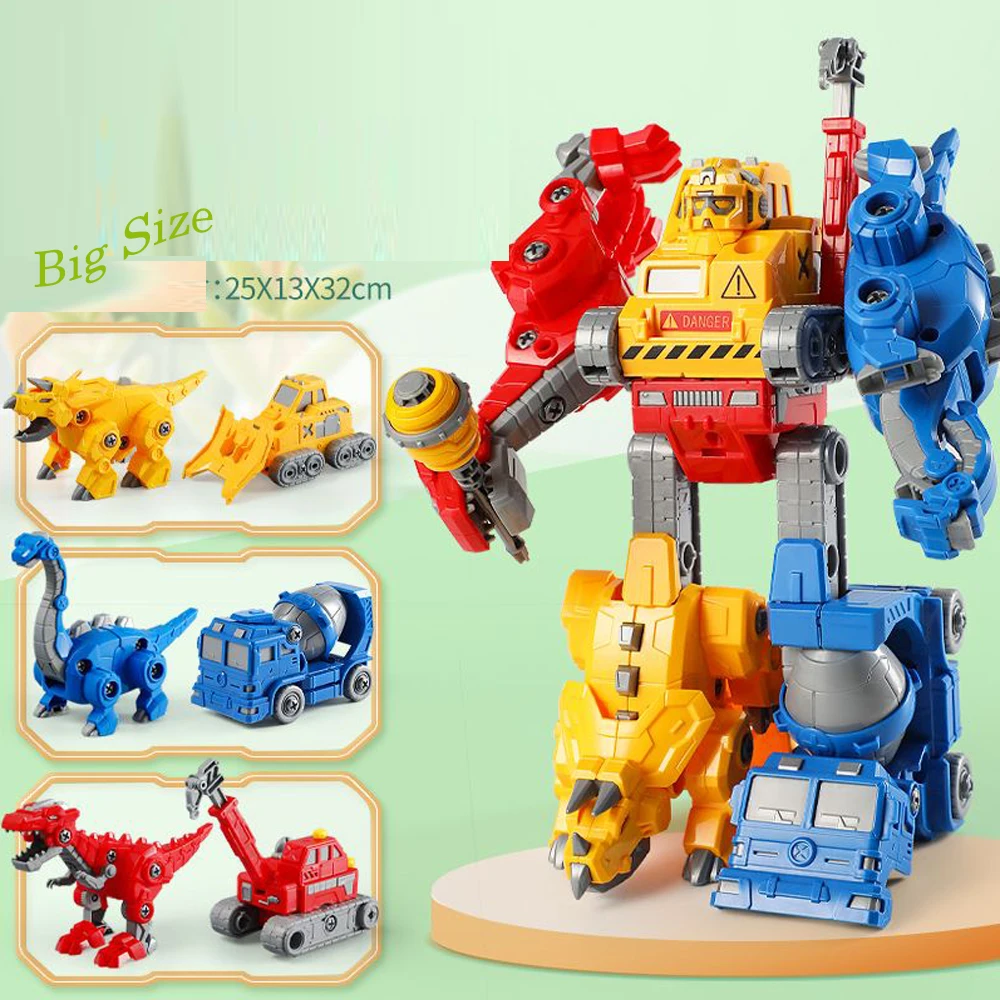 6 in 1 Big Take Apart Robot Dinosaurs Truck Toy Screw DIY Build Set Toy for Kids Transformation Assembling Gift for Boy Child