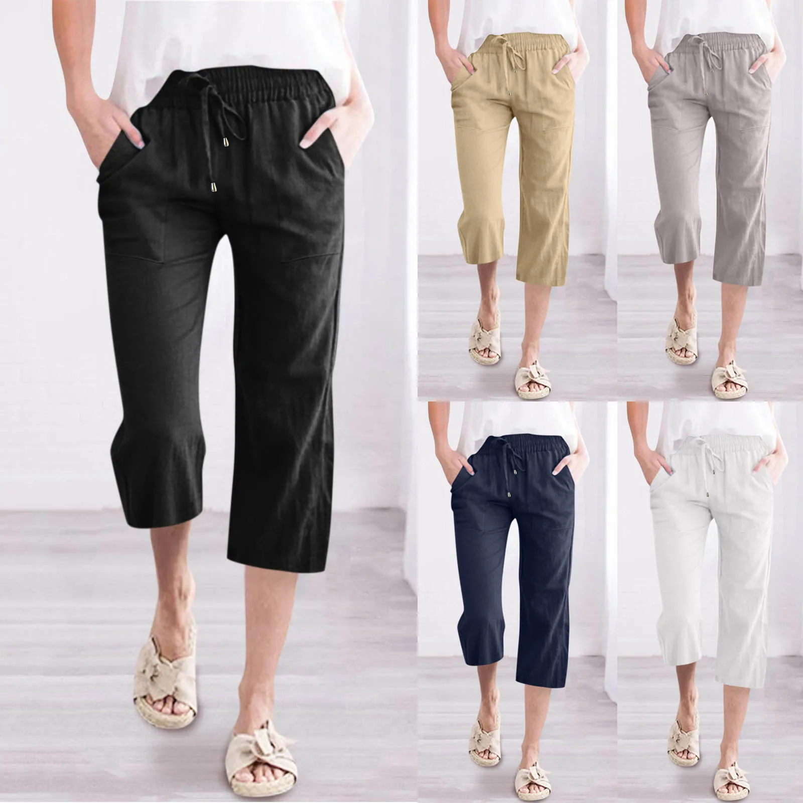 

Classic Solid Color Jogging Pants Women Cotton Linen Capris Trousers Bandage Double Pocket Pants Summer Beach Vacation Wear