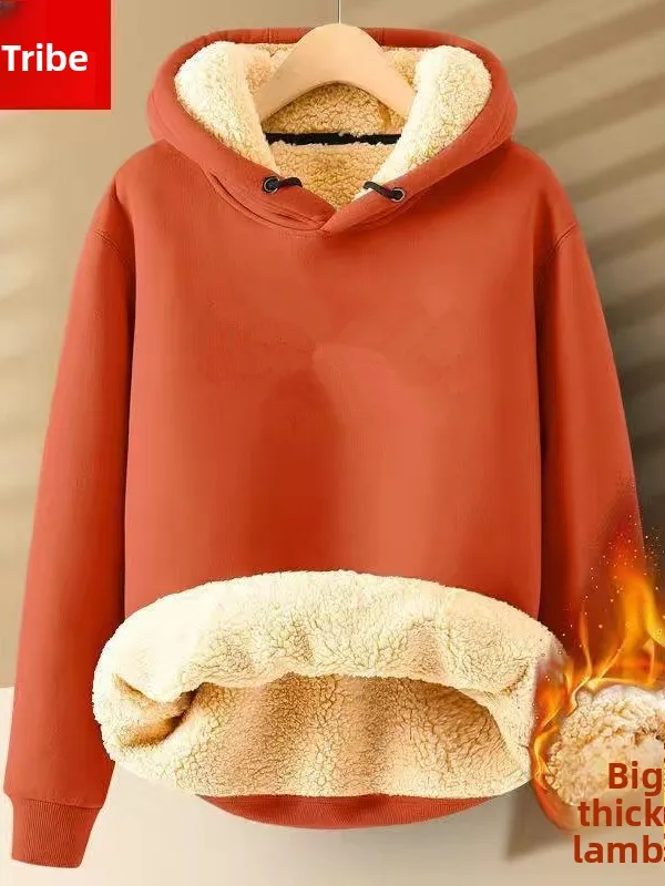 Thiened Lamb Velvet Hoodie Men's Overhead Pure Color Student Warm Top Fce Lined Base irt Trendy Winter Casual Wear