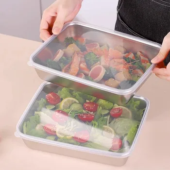 Piatto quadrato addensato Pentola rettangolare per alimenti in acciaio inossidabile con coperchio Vassoio per piatti commerciale Contenitore per pranzo rinfrescante 1
