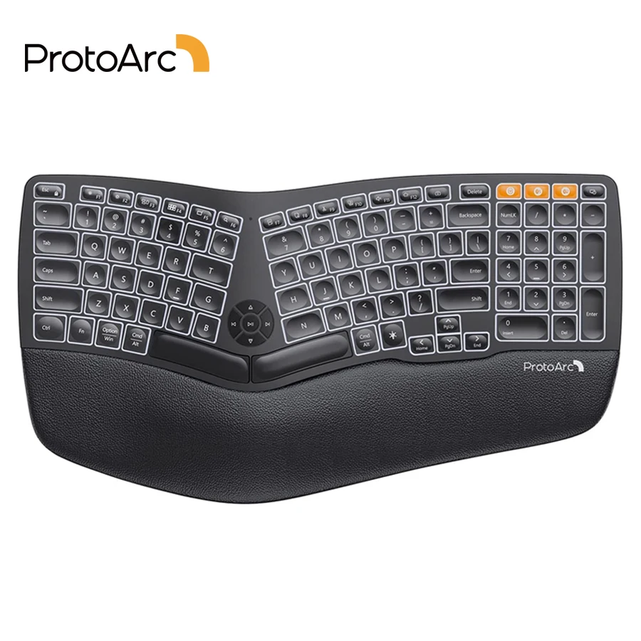 ProtoArc Backlit Wireless Ergonomic Split Keyboard with Wrist Rest