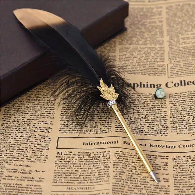 1 Set Feather Fountain Pen Calligraphy Pen Quill Oblique Fountain Luxury Pen Ink +5pcs Nib Metal for Fancy Font Office Supplies Black Ballpoint Pen