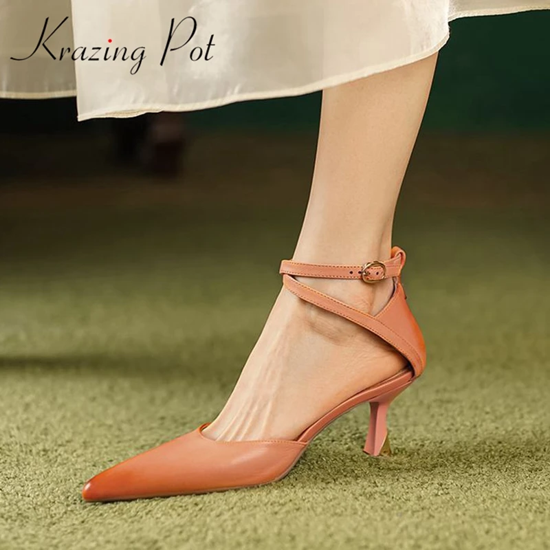 

Krazing Pot Sheep Leather Shallow Summer Shoes Art Design Pointed Toe Thin High Heel Ankle Buckle Straps Slingback Women Pumps