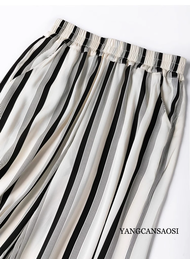 19MM Modern Vertical Stripe Silk Smooth Nude Feel 93%Natural Mulberry Silk Double Qiao Satin Women's Casual Wide Leg Pants