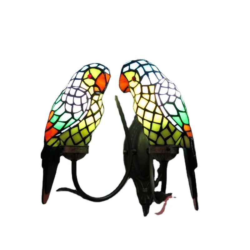 

European Creative Parrot Bird Stained Glass Bedroom Wall Lamp