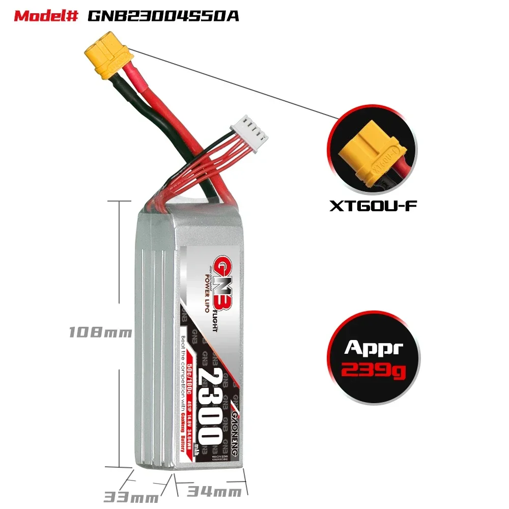Batterie Lipo Gaoneng GNB 2300mAh 2S-6S XT60 pour Drone FPV RC