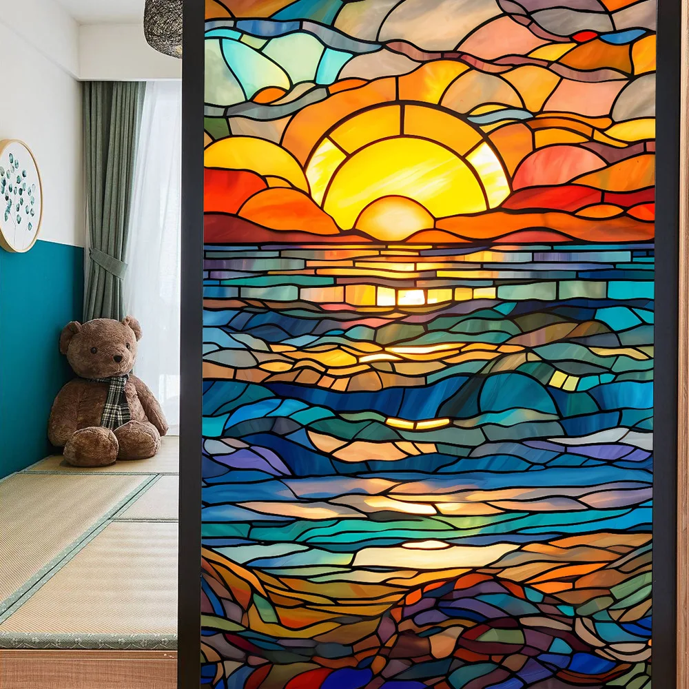 

Colourful Seaside Sunset Static Glass Stickers PVC No Adhesive Window Film Removable Glass Window Decals